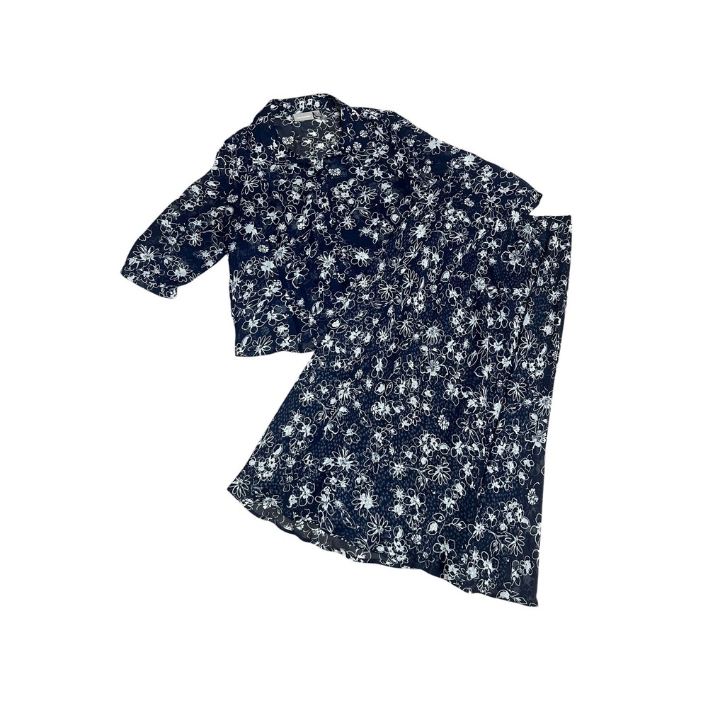 Croft & Barrow Womens LgPetite 2 Piece Skirt Set Navy Blue White Floral Sheer